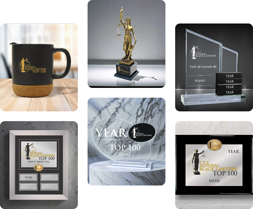 Collage of branded awards from The National Black Lawyers, including a black coffee mug with gold logo, a Lady Justice trophy statue, crystal and glass plaques reading “Top 100” and “Top 40 Under 40,” and framed wall awards displaying recipient name and year, shown against dark and marble-style backgrounds.