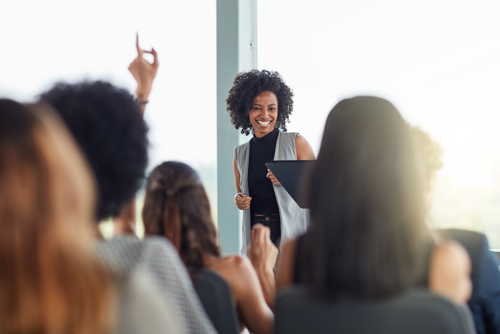 Question,,Black,Woman,And,Smile,In,Seminar,,Speaker,And,Audience